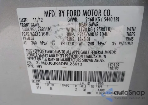 2013 Lincoln Mkx из США, поврежденный, VIN 2LMDJ6JK5DBL23613